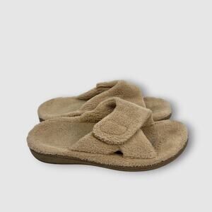 Vionic Relax Orthotic Terry Cloth Slipper Size 7 Tan Beige Comfort Slide Sandals